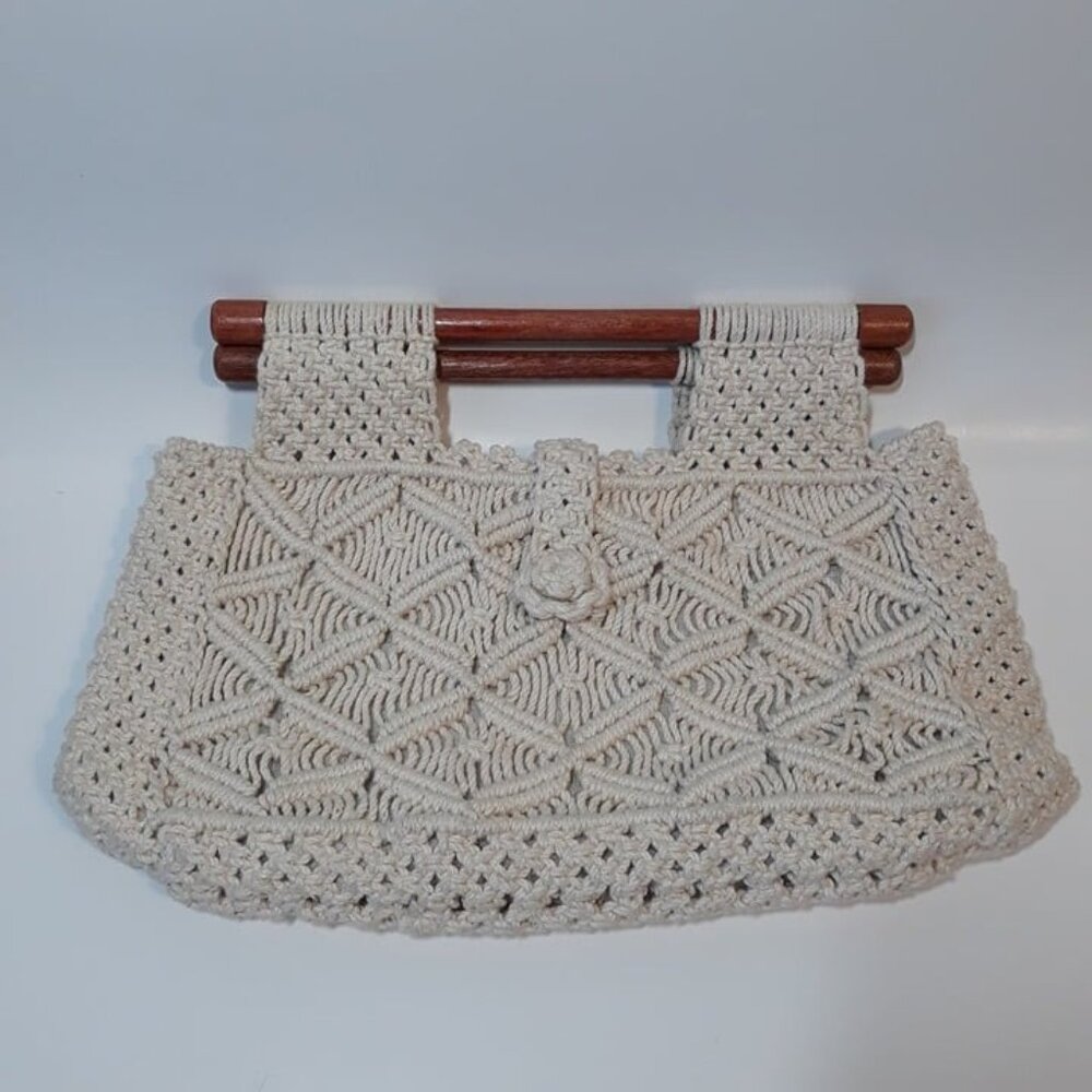 1970s Cotton Macrame and Wood Top-Handled Purse, 70’s Boho Handbag Philippines